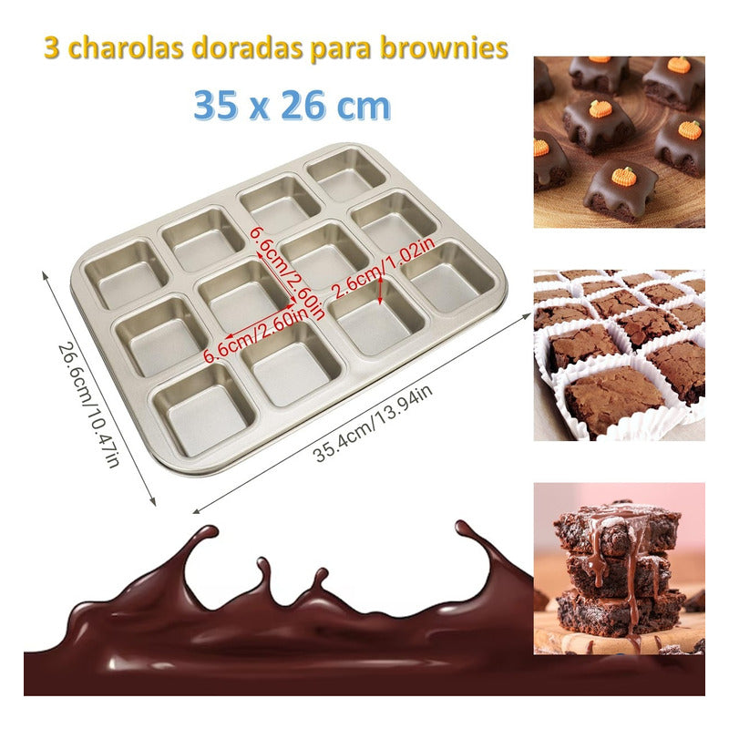 Set 3 Charolas Doradas Para Brownies O Cupcakes Cuadrados