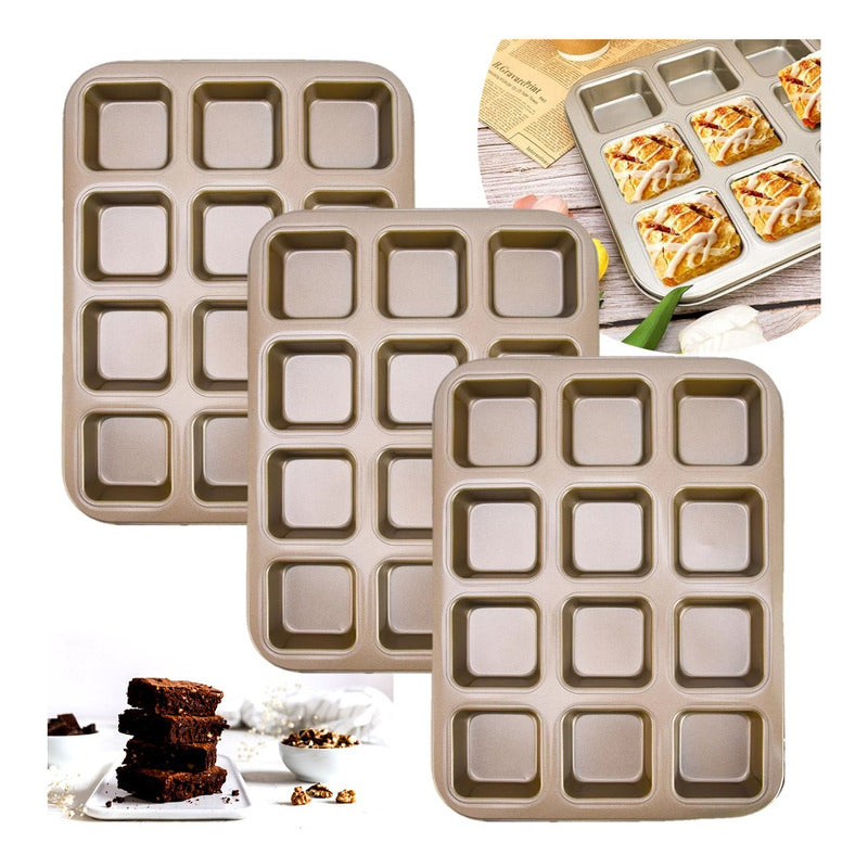 Set 3 Charolas Doradas Para Brownies O Cupcakes Cuadrados